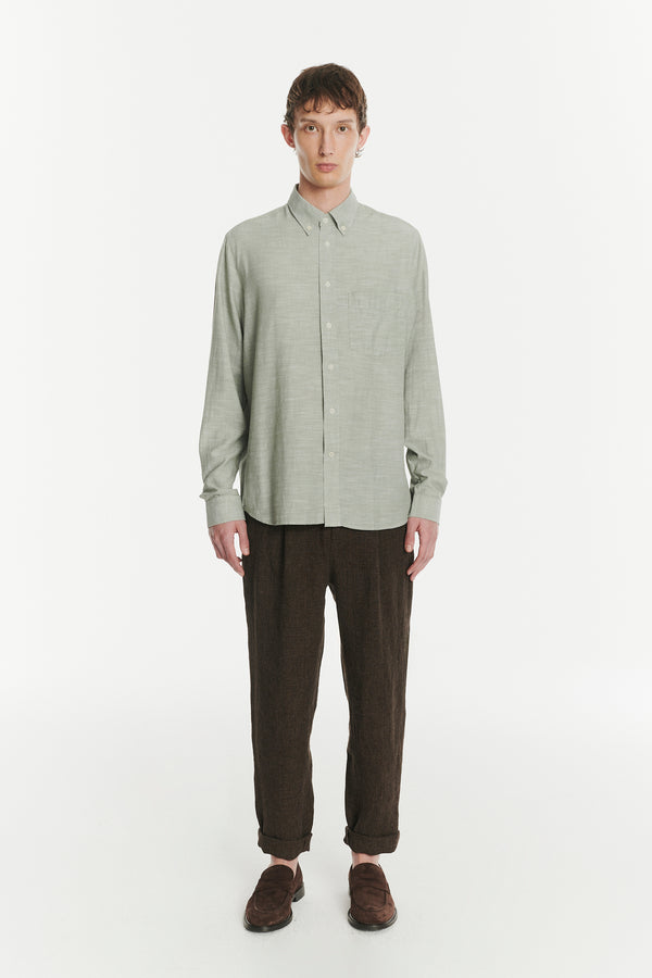 Delikatessen Button Down Shirt In An Airy Olive Green Italian Recycled Cotton