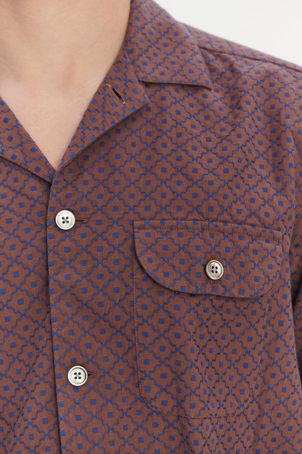 Delikatessen Camp Collar Shirt In A Brown And Evening Sky Blue Portuguese Jacquard Cotton