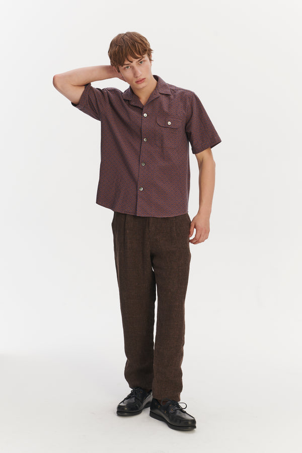 Delikatessen Camp Collar Shirt In A Brown And Evening Sky Blue Portuguese Jacquard Cotton