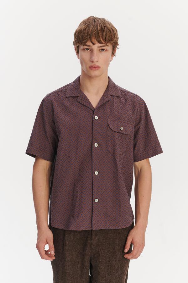 Delikatessen Camp Collar Shirt In A Brown And Evening Sky Blue Portuguese Jacquard Cotton
