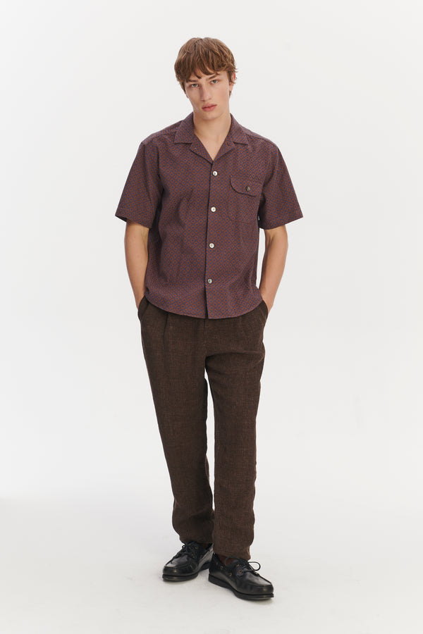 delikatessen Camp Collar Shirt in a Brown and Evening Sky Blue Portuguese Jacquard Cotton