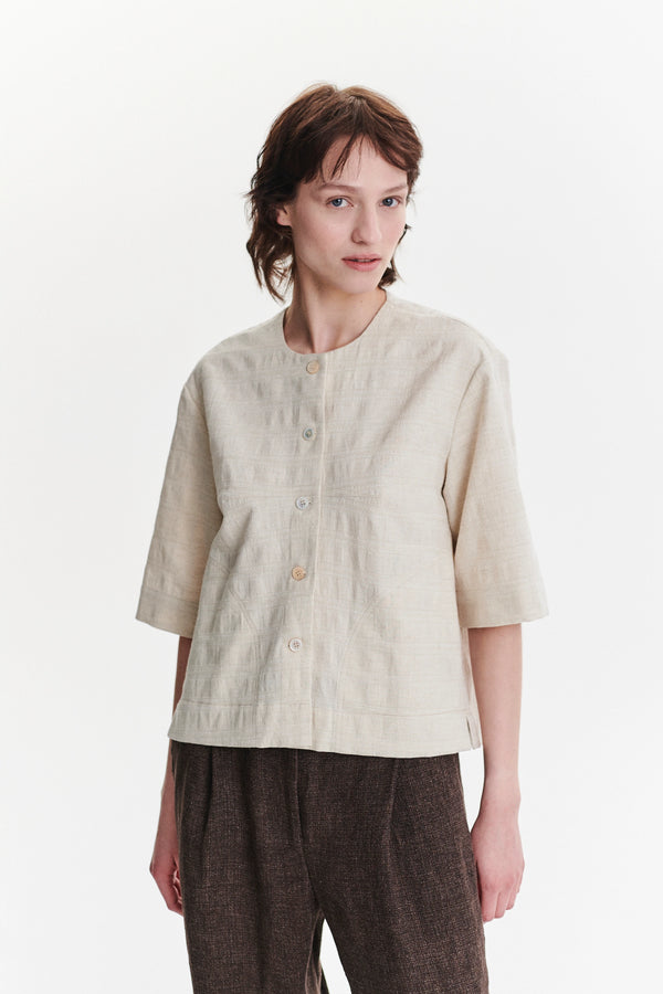 Delikatessen Collarless Jacket Shirt In A Grey Beige Structural Japanese Cotton And Linen