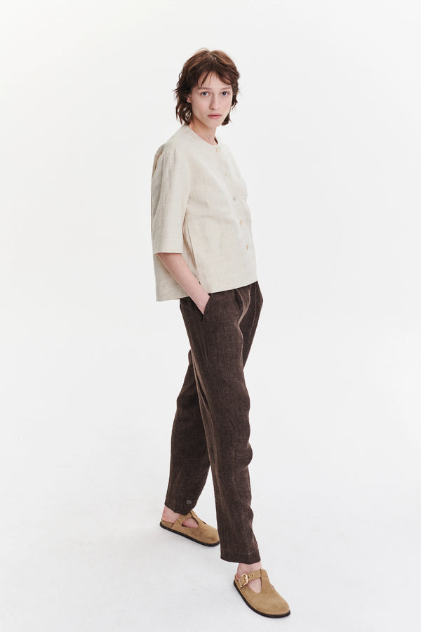 Delikatessen Collarless Jacket Shirt In A Grey Beige Structural Japanese Cotton And Linen