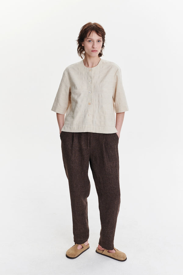 Delikatessen Collarless Jacket Shirt In A Grey Beige Structural Japanese Cotton And Linen