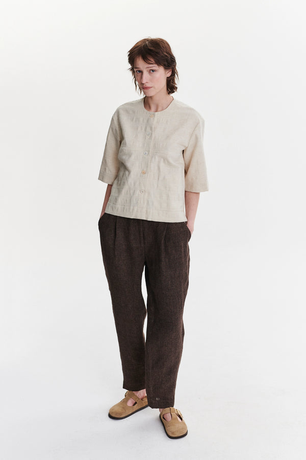 delikatessen Collarless Jacket Shirt in a Grey Beige Structural Japanese Cotton and Linen