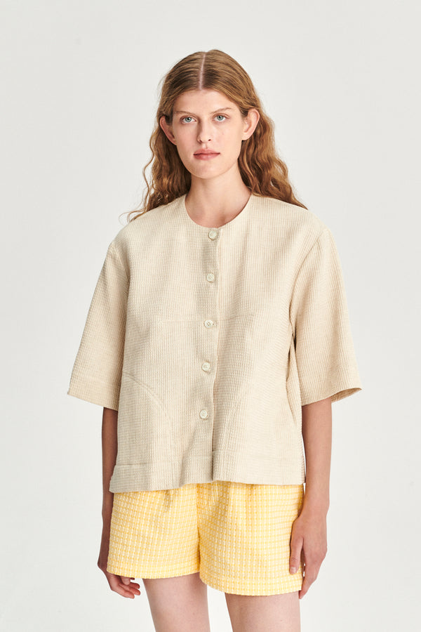 Delikatessen Collarless Jacket Shirt In A Light Beige Structural Waffled Japanese Cotton And Linen
