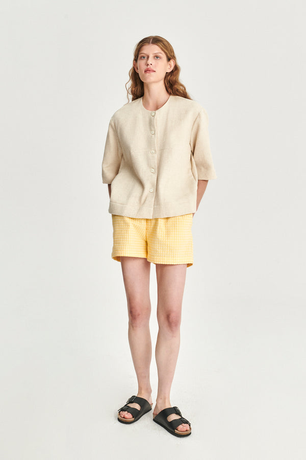 Delikatessen Collarless Jacket Shirt In A Light Beige Structural Waffled Japanese Cotton And Linen