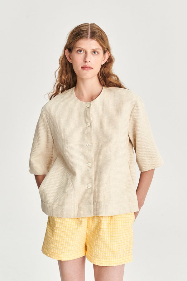 Delikatessen Collarless Jacket Shirt In A Light Beige Structural Waffled Japanese Cotton And Linen