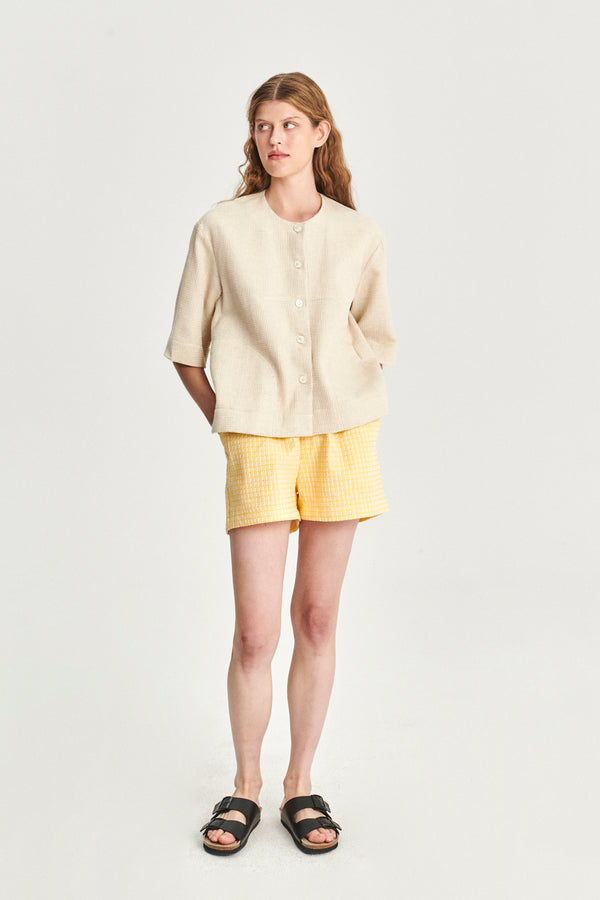 delikatessen Collarless Jacket Shirt in a Light Beige Structural Waffled Japanese Cotton and Linen