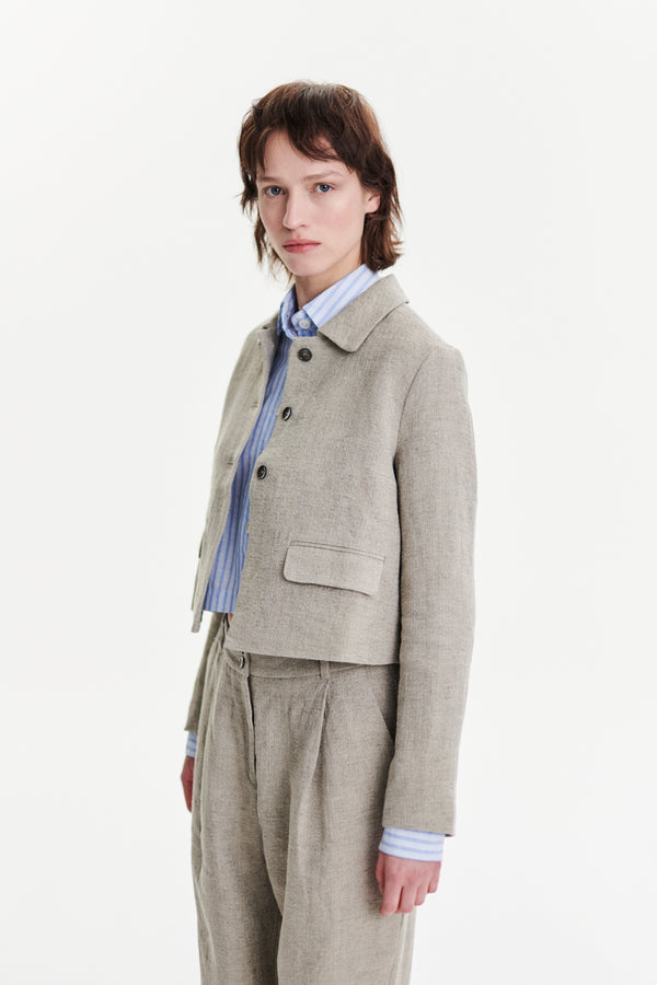 Delikatessen Cropped Jacket In A Beige Fluid And Structured Italian Linen Crepe