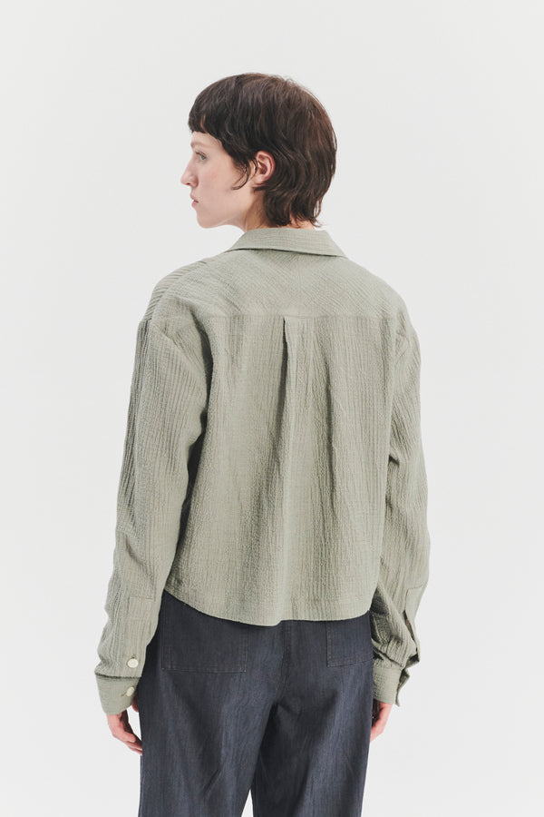 Delikatessen Cropped Pop-Over Shirt In Cotton And Cashmere Seersucker