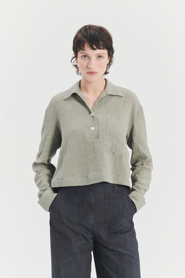 delikatessen Cropped Pop-Over Shirt in Cotton and Cashmere Seersucker