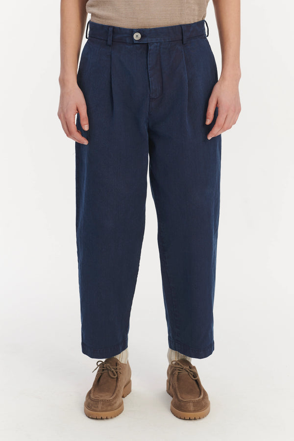 Delikatessen Cropped Trousers In A Navy Blue Rinsed Italian Cotton Denim - Made To Order