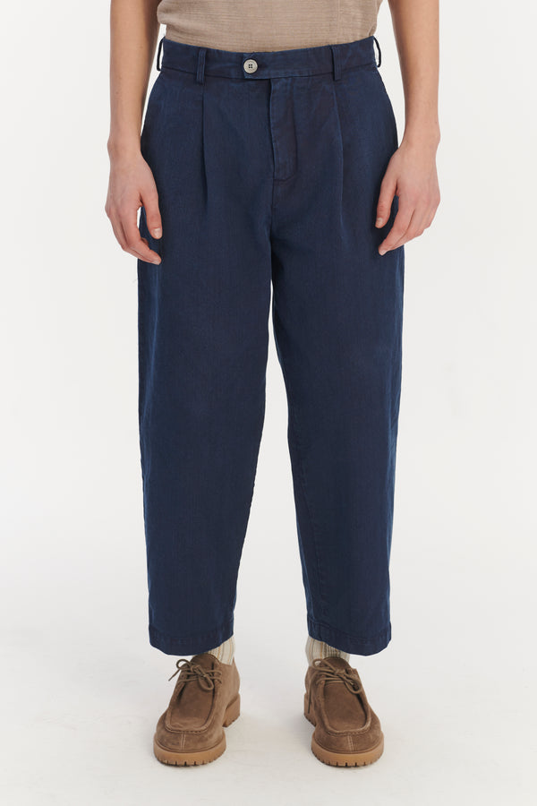 delikatessen Cropped Trousers in a Navy Blue Rinsed Italian Cotton Denim - Made to Order