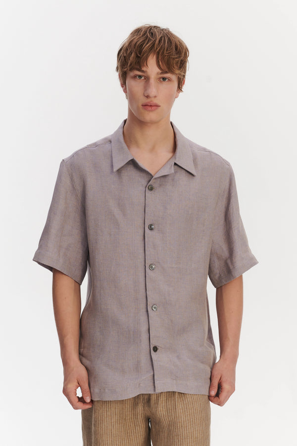 Delikatessen Cuban Collar Shirt In A Lavender Structured Italian Oxford Linen