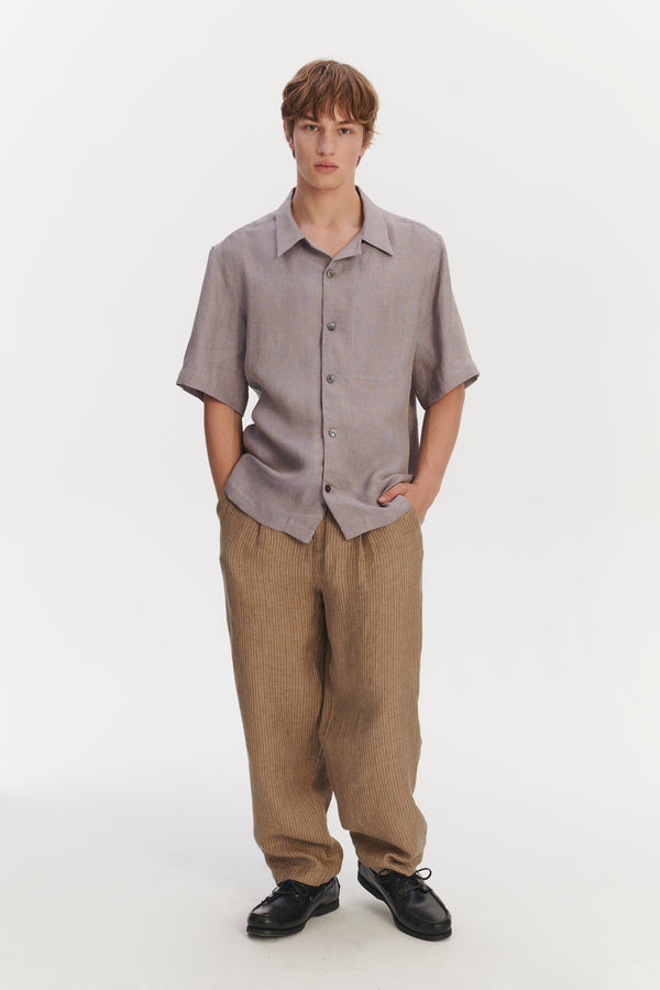 Delikatessen Cuban Collar Shirt In A Lavender Structured Italian Oxford Linen