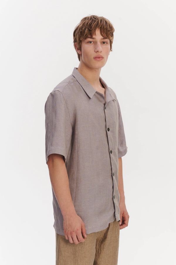 Delikatessen Cuban Collar Shirt In A Lavender Structured Italian Oxford Linen