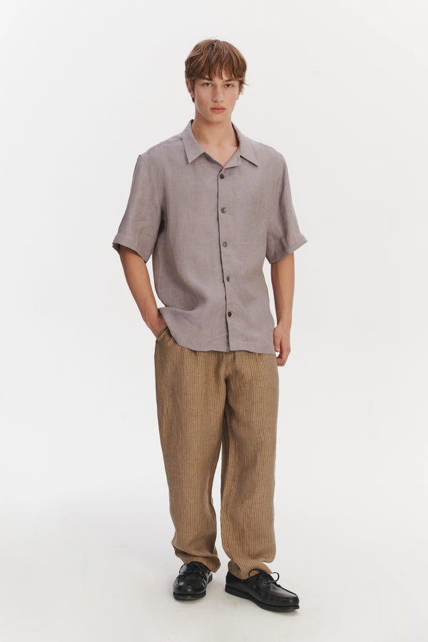 delikatessen Cuban Collar Shirt in a Lavender Structured Italian Oxford Linen