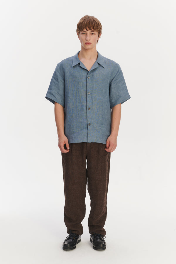 Delikatessen Cuban Collar Shirt In A Steel Blue Rich Structured Italian Oxford Linen