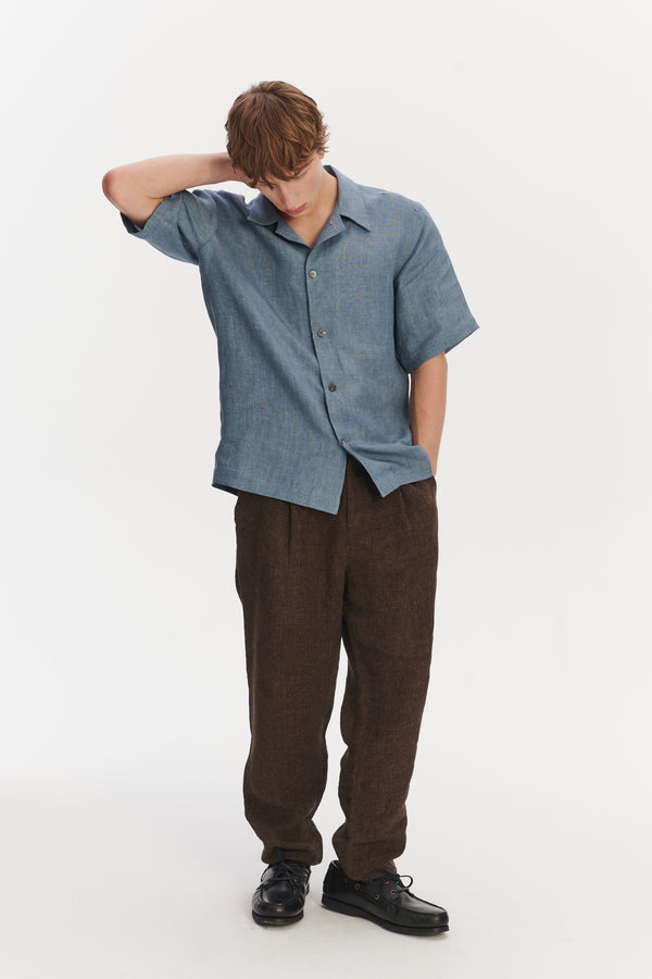 Delikatessen Cuban Collar Shirt In A Steel Blue Rich Structured Italian Oxford Linen