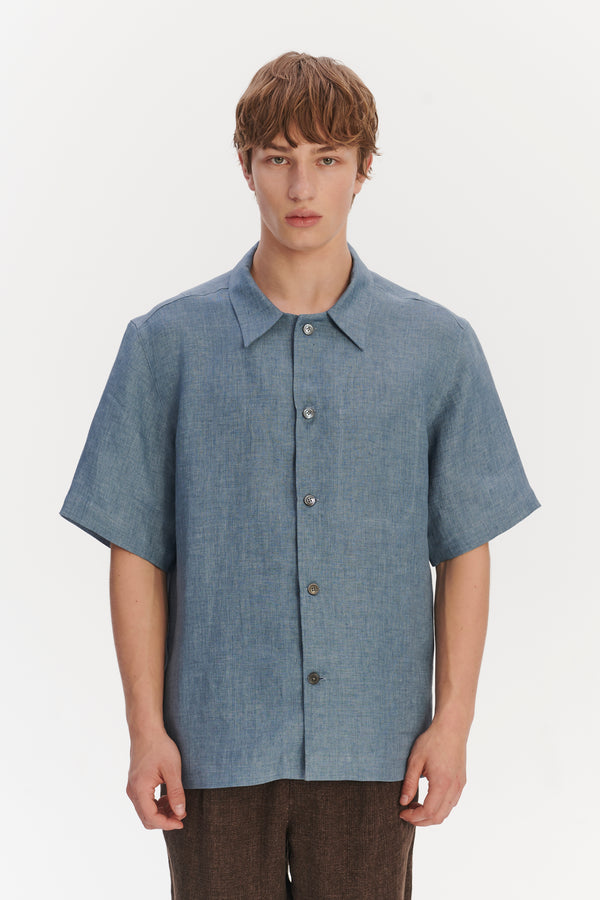 Delikatessen Cuban Collar Shirt In A Steel Blue Rich Structured Italian Oxford Linen