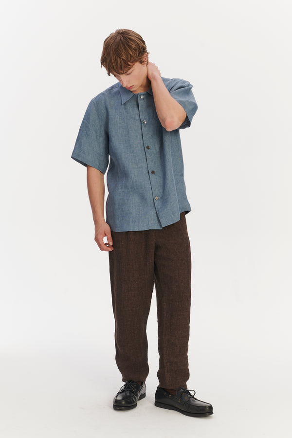 delikatessen Cuban Collar Shirt in a Steel Blue Rich Structured Italian Oxford Linen