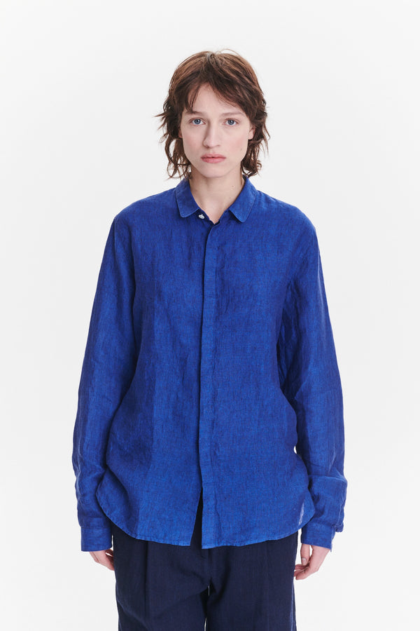 Delikatessen Cute Round Collar Shirt In A Soft And Airy Cobalt Blue Bohemian Linen