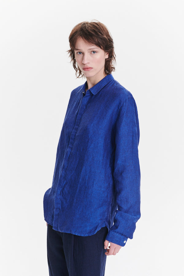 Delikatessen Cute Round Collar Shirt In A Soft And Airy Cobalt Blue Bohemian Linen