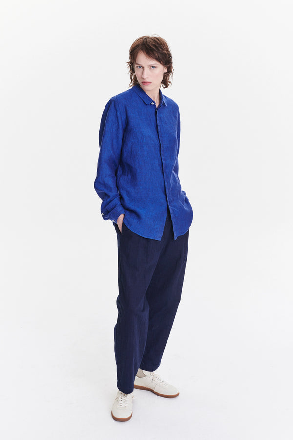 Delikatessen Cute Round Collar Shirt In A Soft And Airy Cobalt Blue Bohemian Linen