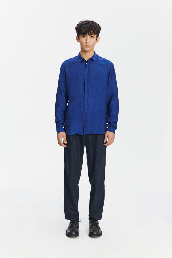 Delikatessen Cute Round Collar Shirt In A Soft And Airy Cobalt Blue Bohemian Linen