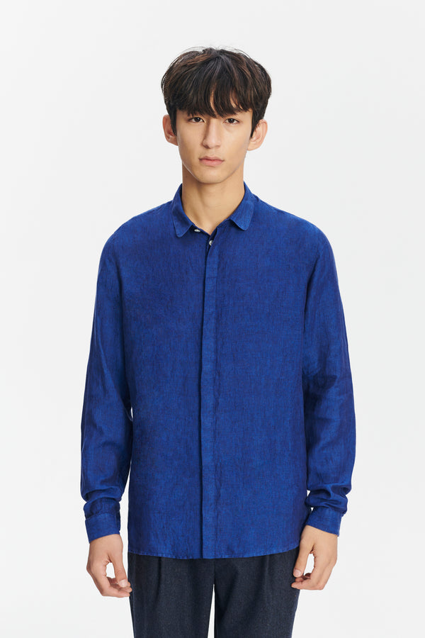 Delikatessen Cute Round Collar Shirt In A Soft And Airy Cobalt Blue Bohemian Linen