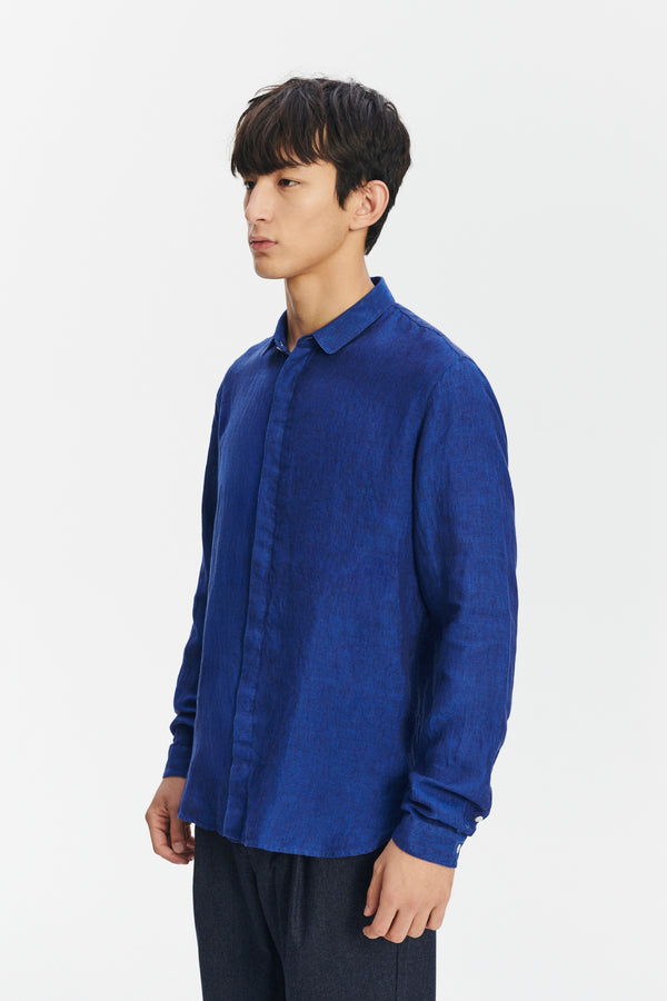 Delikatessen Cute Round Collar Shirt In A Soft And Airy Cobalt Blue Bohemian Linen