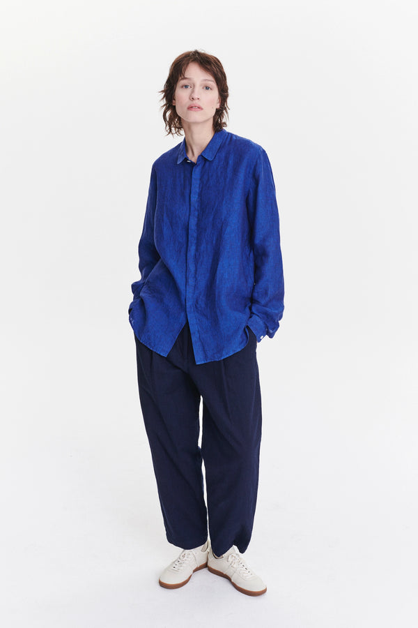 delikatessen Cute Round Collar Shirt in a Soft and Airy Cobalt Blue Bohemian Linen