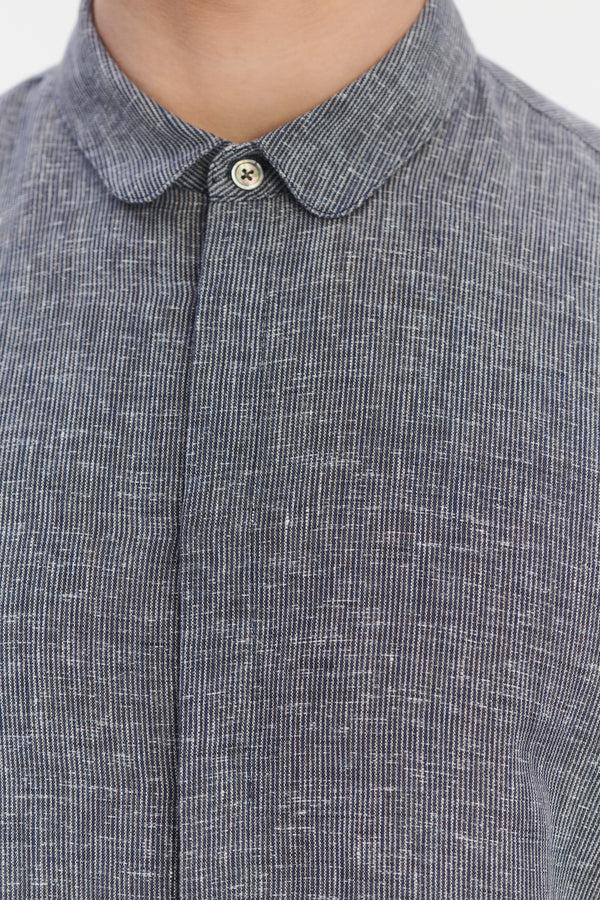 Delikatessen Cute Round Collar Shirt In A Soft And Airy Dark Blue And White Pin Stripe Italian Linen