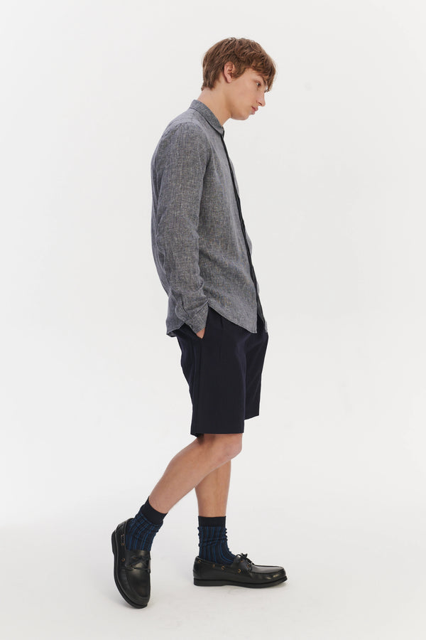 Delikatessen Cute Round Collar Shirt In A Soft And Airy Dark Blue And White Pin Stripe Italian Linen