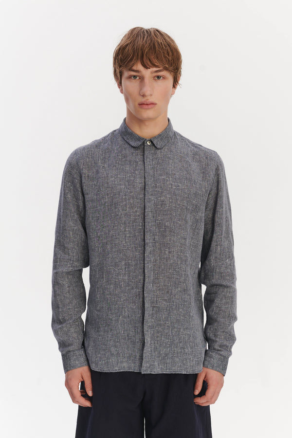 Delikatessen Cute Round Collar Shirt In A Soft And Airy Dark Blue And White Pin Stripe Italian Linen