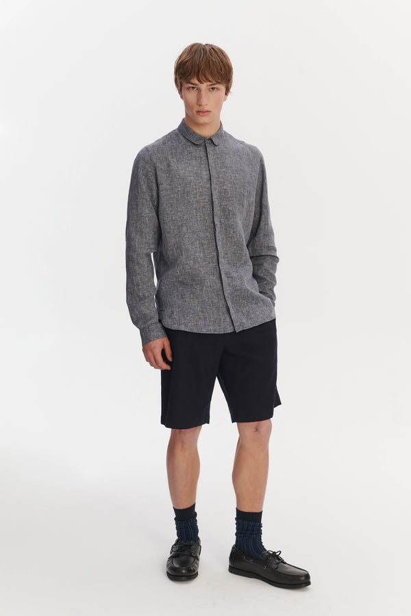 delikatessen Cute Round Collar Shirt in a Soft and Airy Dark Blue and White Pin Stripe Italian Linen