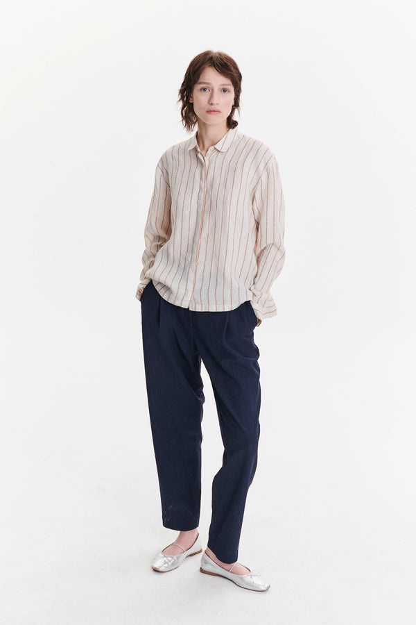 delikatessen Cute Round Collar Shirt in a Soft and Airy Striped Bohemian Linen