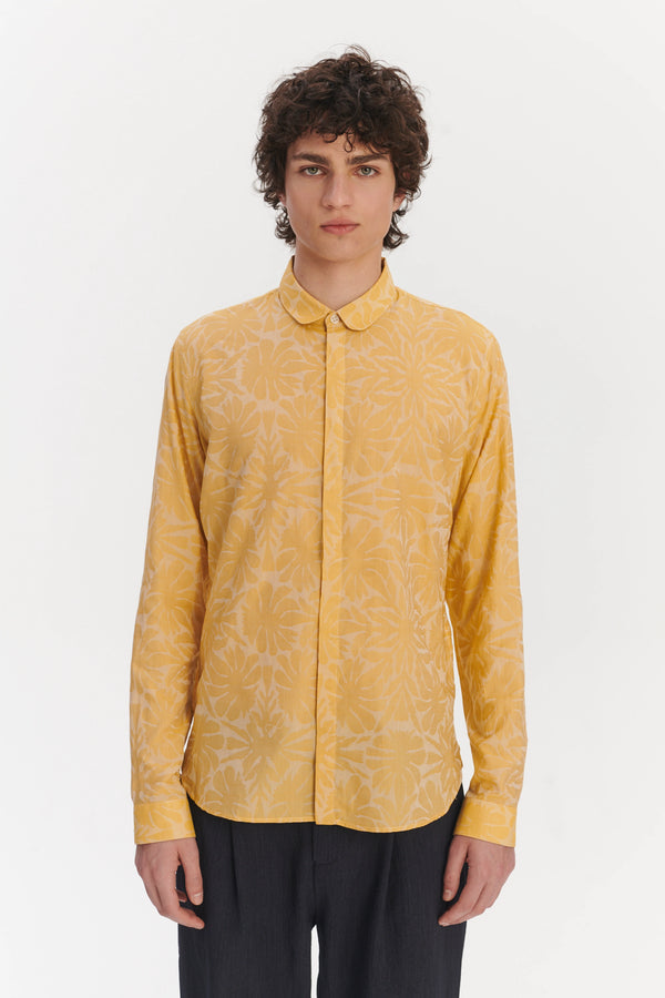 Delikatessen Cute Round Collar Shirt In A Yellow And Cream Jacquard Italian Cotton
