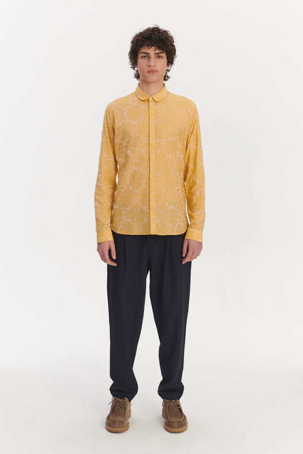 delikatessen Cute Round Collar Shirt in a Yellow and Cream Jacquard Italian Cotton