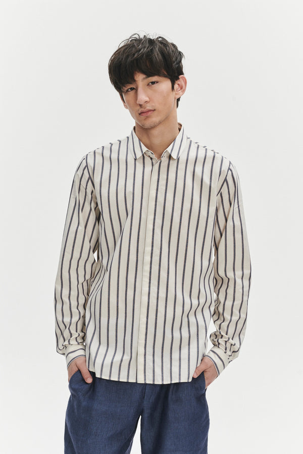 Delikatessen Cute Round Collar Shirt In An Ethno Inspired Blue With Red Striped White Italian Organic Cotton