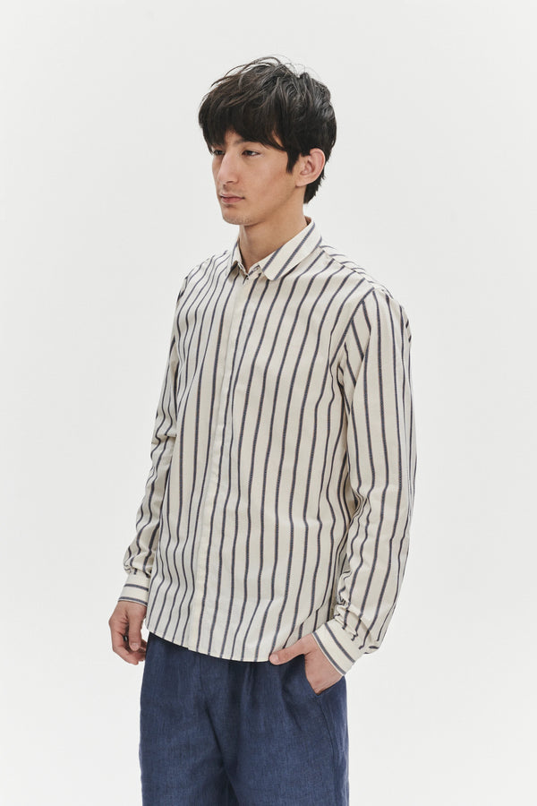 Delikatessen Cute Round Collar Shirt In An Ethno Inspired Blue With Red Striped White Italian Organic Cotton