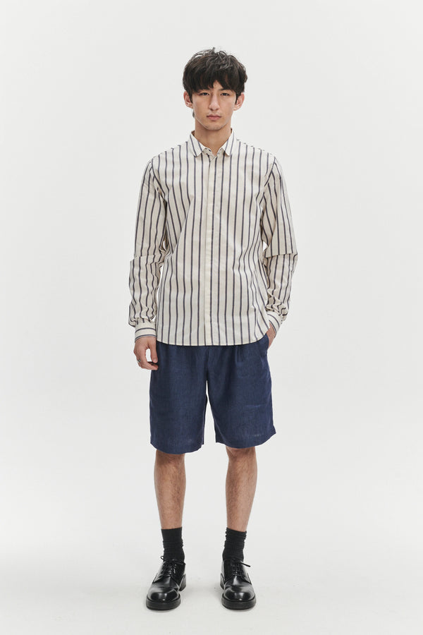 delikatessen Cute Round Collar Shirt in an Ethno Inspired Blue with Red Striped White Italian Organic Cotton