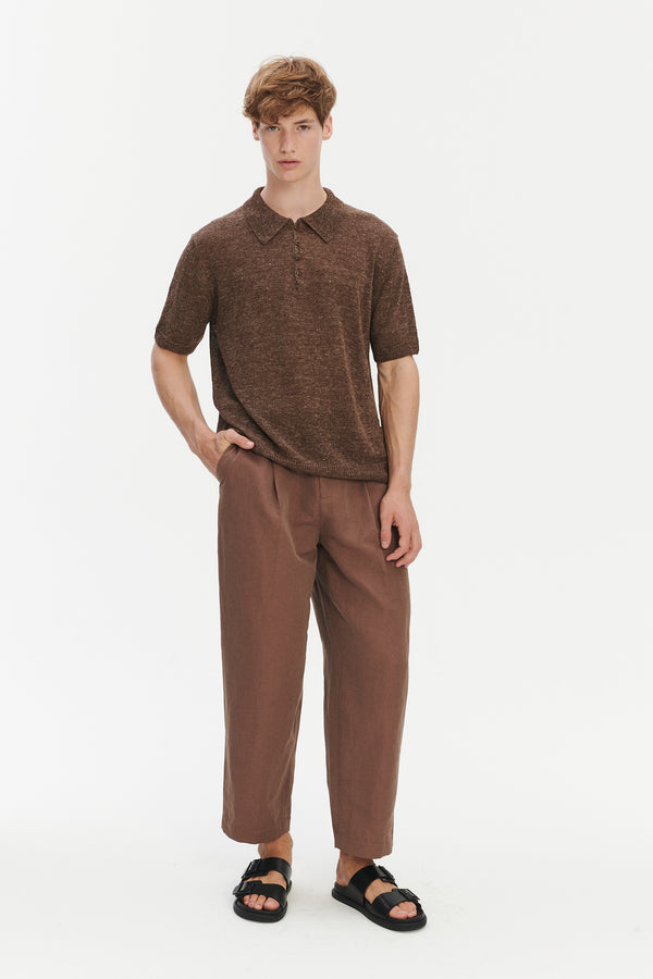Delikatessen Short Sleeve Linen Polo – Cocoa Brown