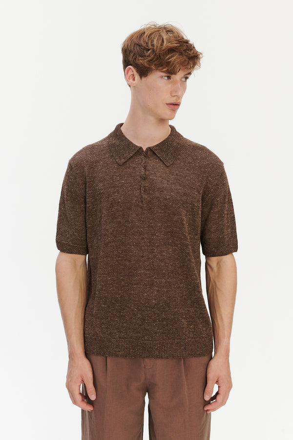Delikatessen Short Sleeve Linen Polo – Cocoa Brown