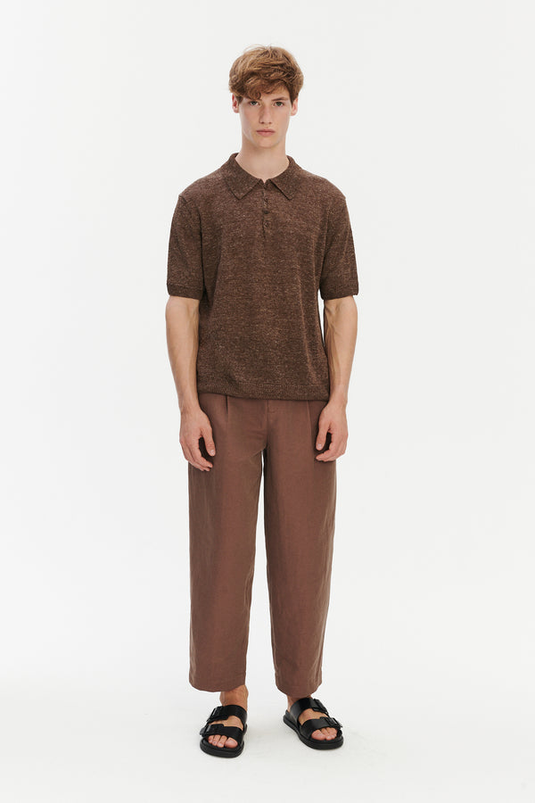 delikatessen Short Sleeve Linen Polo – Cocoa Brown
