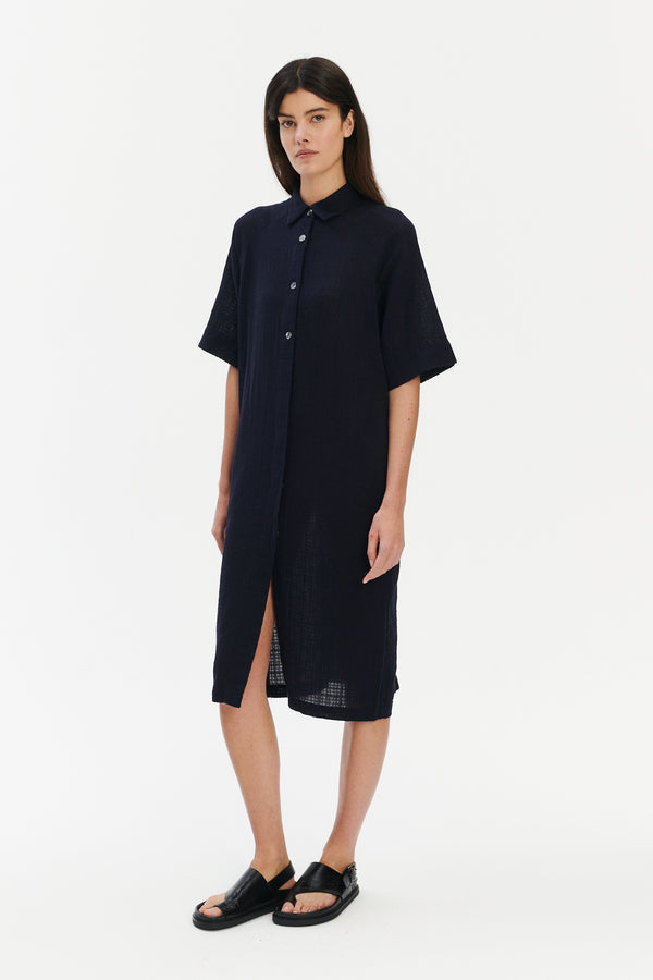 Delikatessen Dress In A Dark Navy Airy Structural Portuguese Cotton