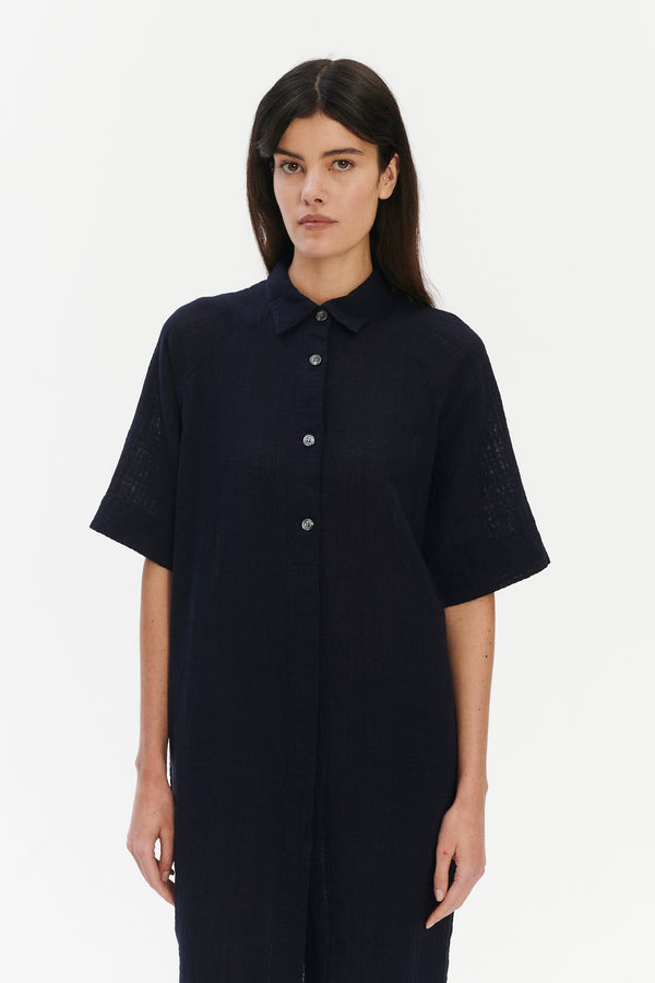 Delikatessen Dress In A Dark Navy Airy Structural Portuguese Cotton