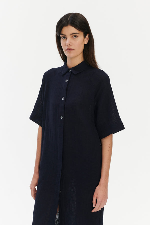 Delikatessen Dress In A Dark Navy Airy Structural Portuguese Cotton