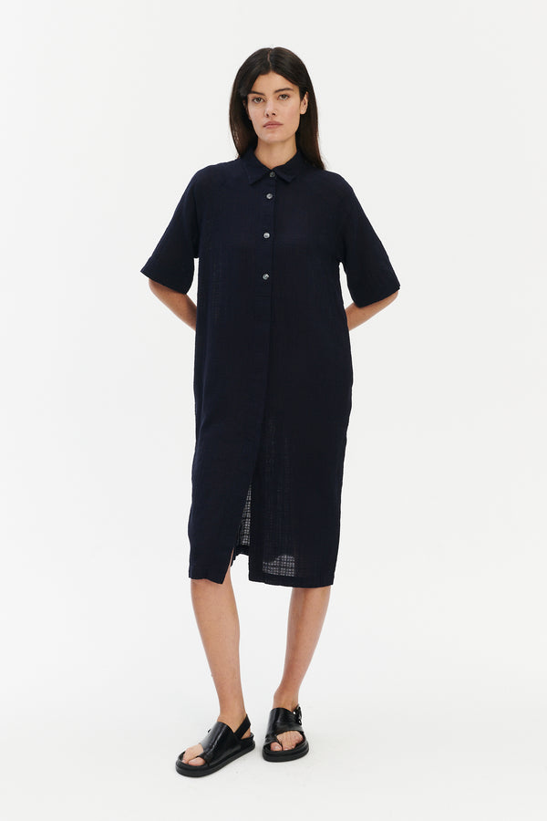 delikatessen Dress in a Dark Navy Airy Structural Portuguese Cotton delikatessen Dress in a Dark Navy Airy Structural Portuguese Cotton